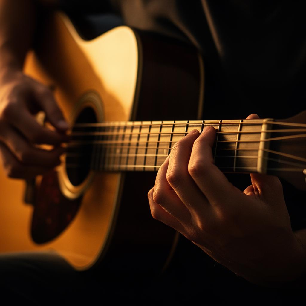Hands playing chords on an acoustic guitar