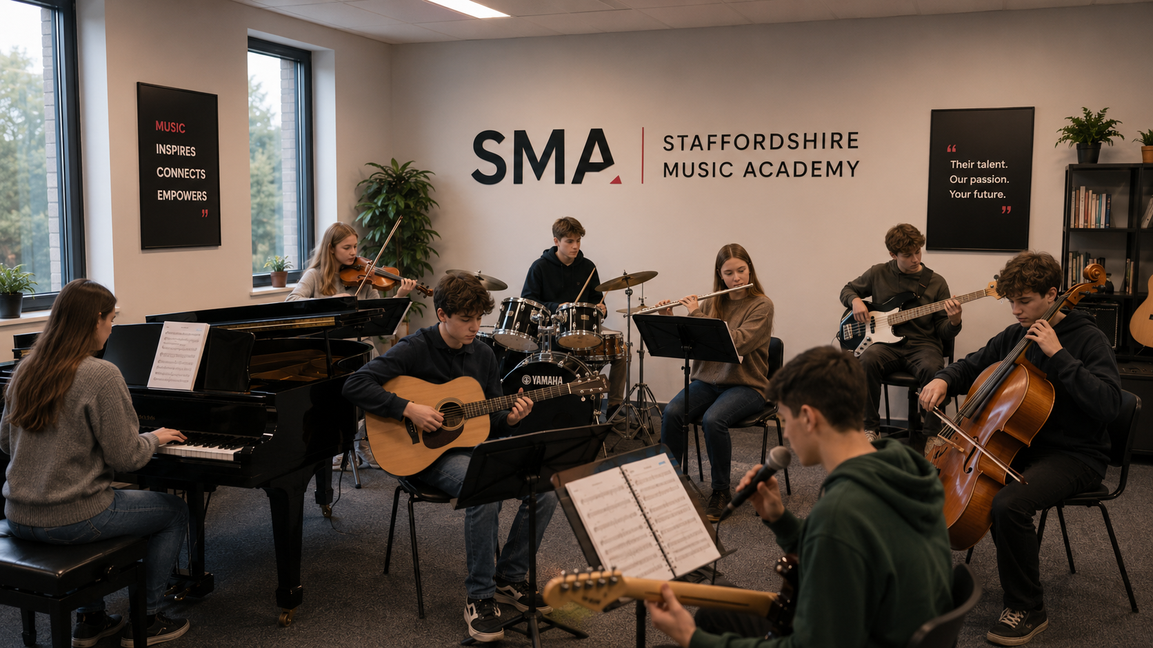 Music student playing electric guitar in a studio